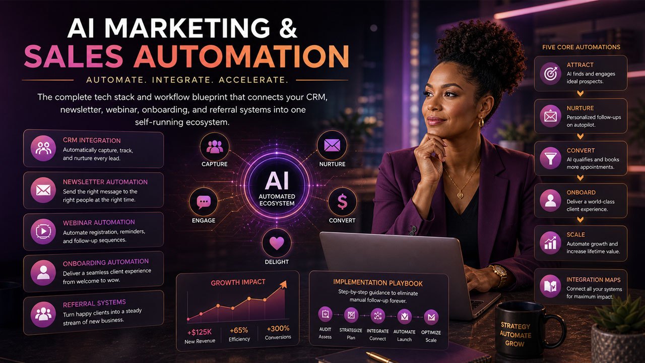 AI Visibility Automation Engine — the complete tech stack and workflow that connects your CRM, newsletter, webinars, onboarding, and referrals into one self-running ecosystem