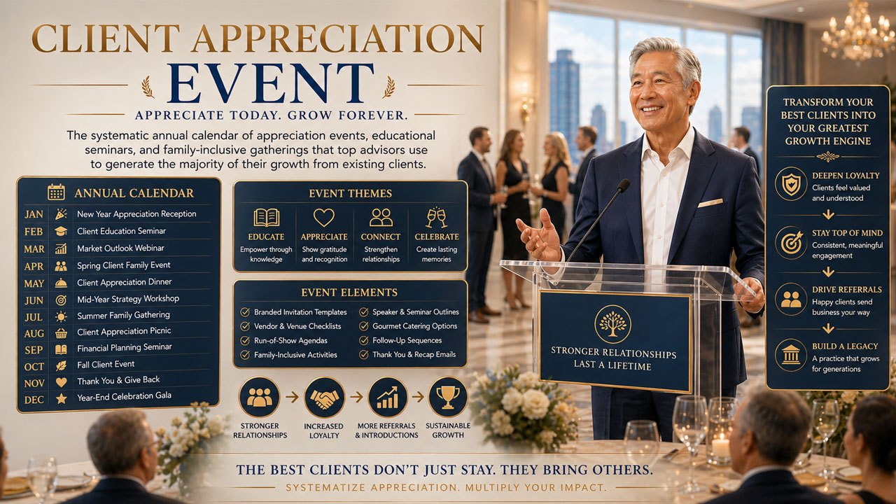 Client Loyalty Engine — the systematic annual calendar of appreciation events, educational seminars, and family-inclusive gatherings that turn clients into your greatest growth engine