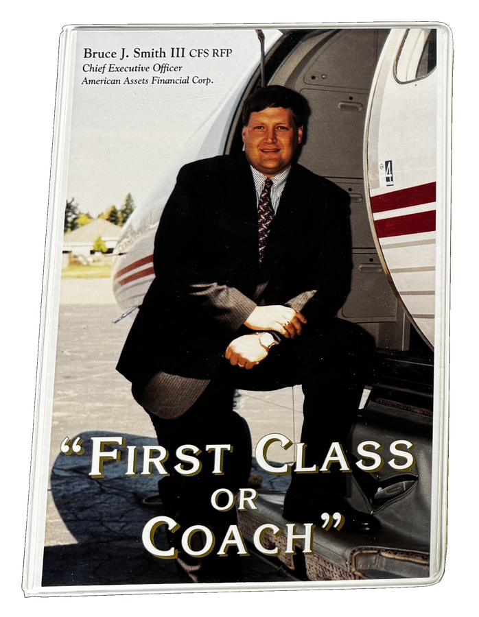 Bruce Smith's early-career Audio Business Card, titled First Class or Coach, from his American Assets Financial Corp. days.