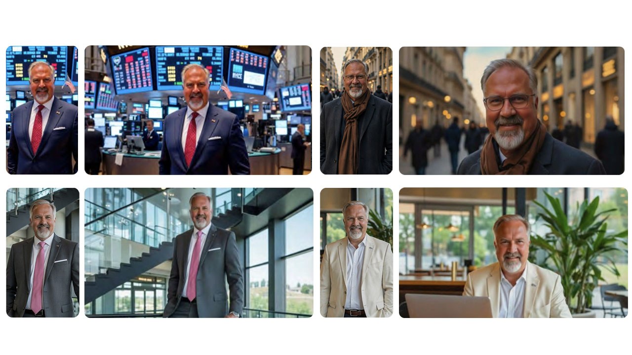 Format Flexibility — your AI avatar in both 9:16 vertical and 16:9 horizontal formats across four settings (NYSE trading floor, city street, modern glass building, café), demonstrating that one avatar produces every format you need