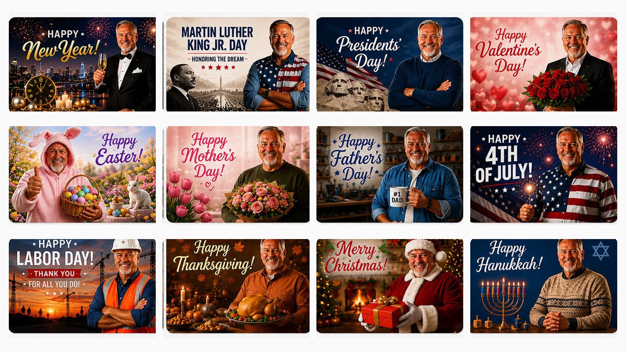 Holidays library &mdash; 12 holiday avatar scenes including New Year's, Martin Luther King Jr. Day, Presidents' Day, Valentine's Day, Easter, Mother's Day, Father's Day, 4th of July, Labor Day, Thanksgiving, Christmas, and Hanukkah