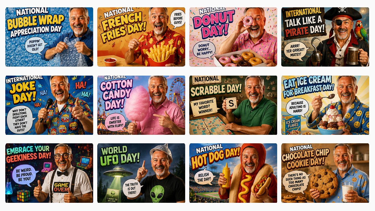 Wacky Holidays library &mdash; 12 fun national day avatar scenes including National Bubble Wrap Day, French Fries Day, Donut Day, Talk Like a Pirate Day, International Joke Day, Cotton Candy Day, Scrabble Day, Eat Ice Cream for Breakfast Day, Geekiness Day, World UFO Day, Hot Dog Day, and Chocolate Chip Cookie Day