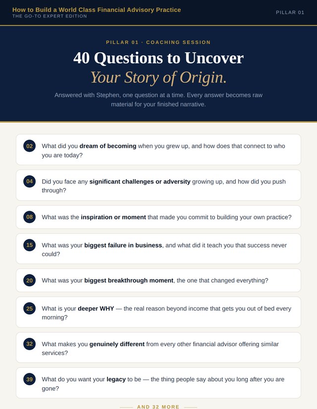 Pillar 1 coaching session - 40 questions to uncover your Story of Origin