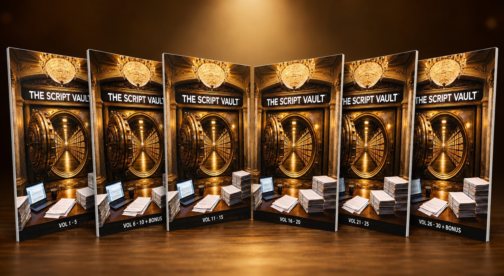 The Script Vault — six volume collection in cinematic golden light. Volumes 1 through 5, 6 through 10 plus Bonus, 11 through 15, 16 through 20, 21 through 25, and 26 through 30 plus Bonus — each branded with The Script Vault inside a luxury vault setting